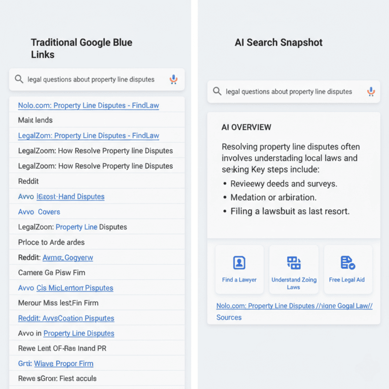 Comparison of traditional Google Blue Links versus an AI Search Snapshot for legal queries.