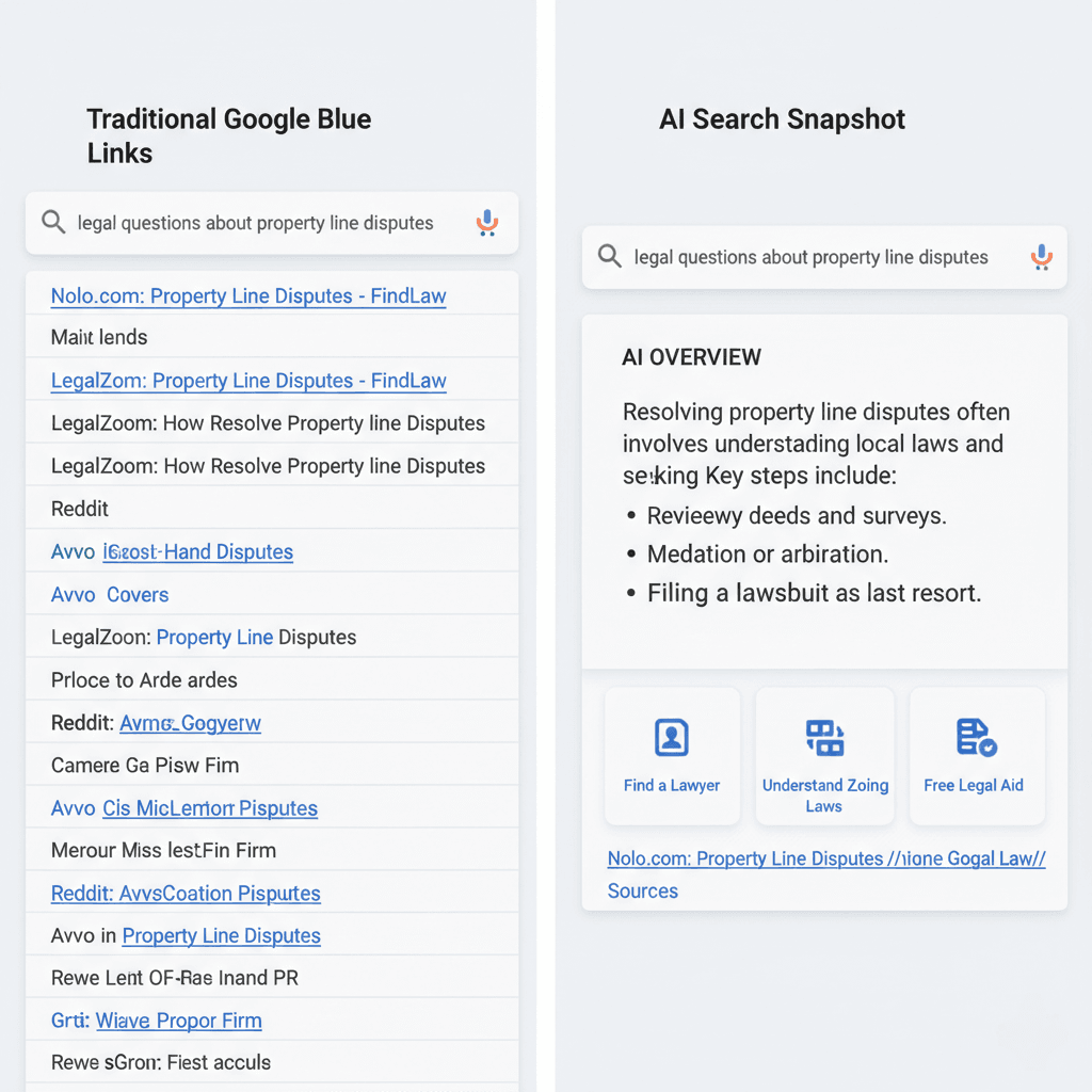 Comparison of traditional Google Blue Links versus an AI Search Snapshot for legal queries.