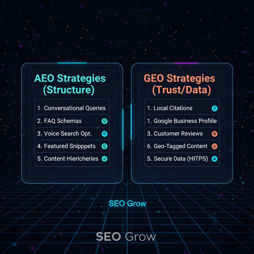AEO Strategies (Structure) vs. GEO Strategies (Trust/Data)