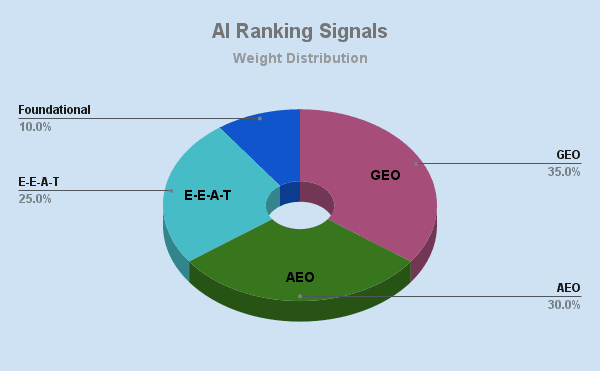 Pie chart displaying the weight distribution of AI ranking signals: 35% GEO, 30% AEO, 25% E-E-A-T, 10% Foundational.