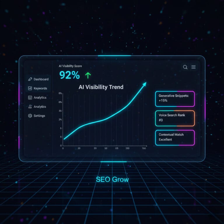 A dashboard showing "AI Visibility" metrics going up.