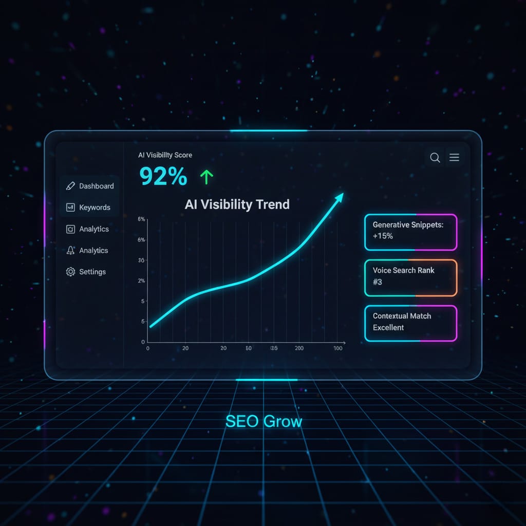 A dashboard showing "AI Visibility" metrics going up.