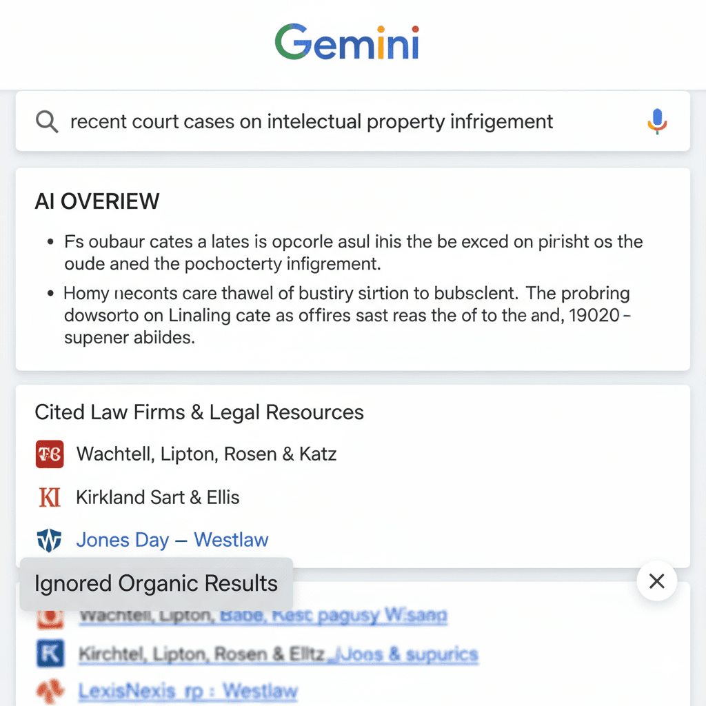 Screenshot of a Google Gemini response showing cited law firms versus ignored organic results.