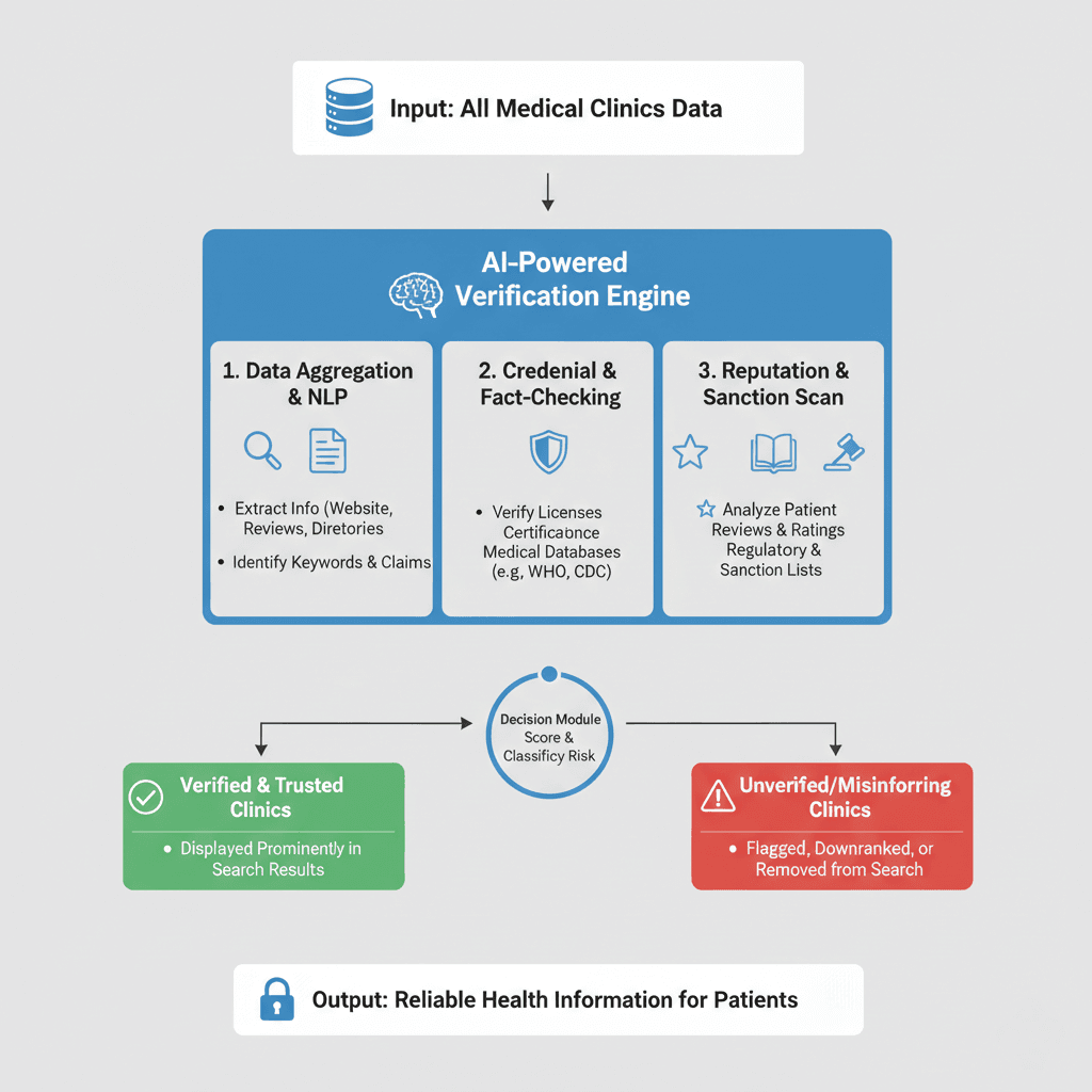 Diagram showing how AI filters unverified medical clinics to prevent misinformation.