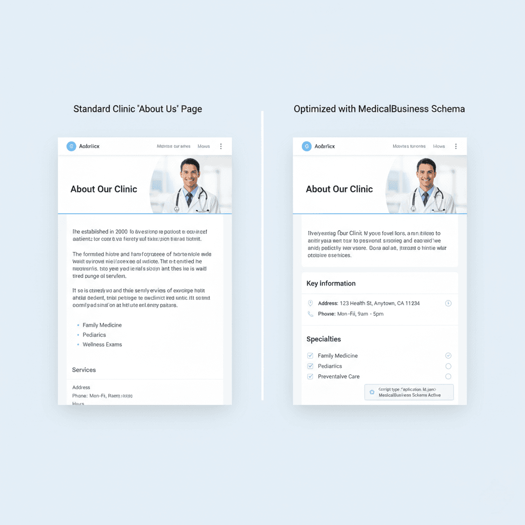 Comparison of a standard clinic about page versus one optimized with MedicalBusiness schema.