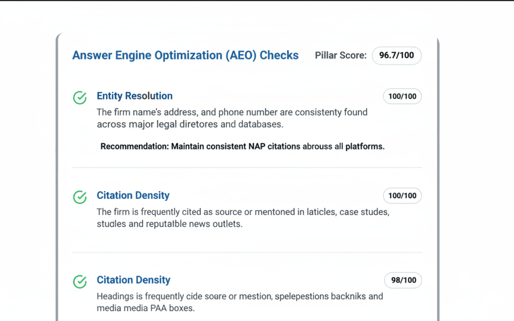 SEO Grow Audit Report showing a law firm's Entity Resolution and Citation Density score.